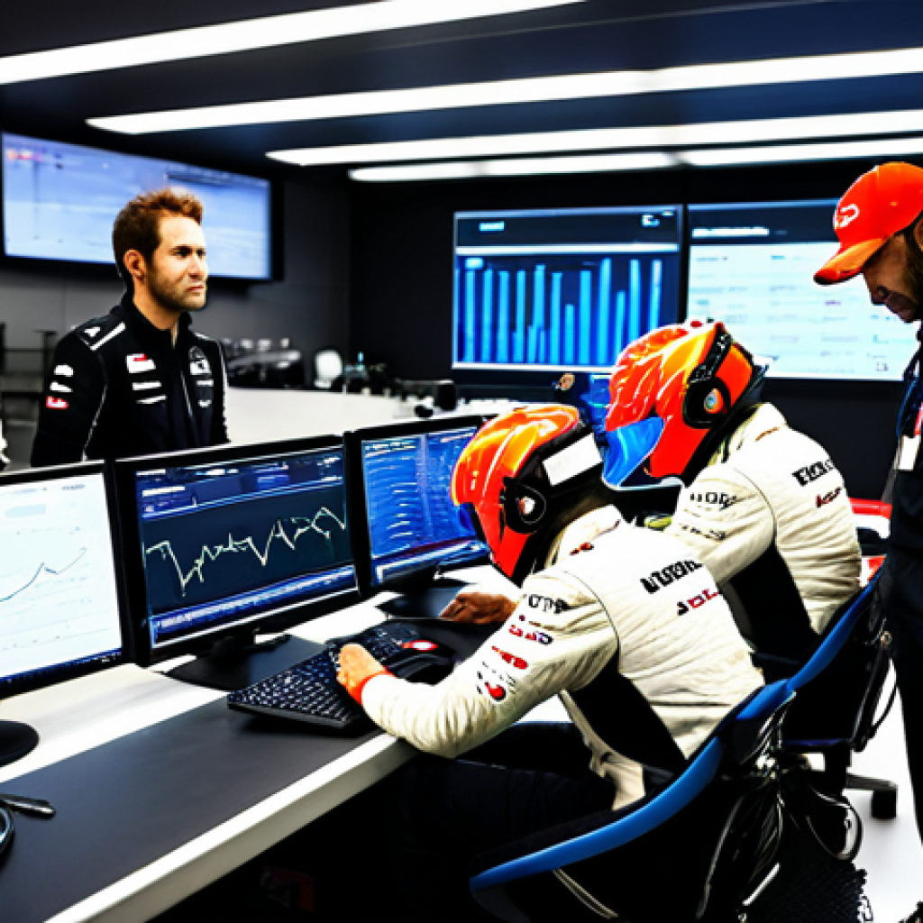 F1 Pit Crew Strategy**

"A Formula 1 pit crew huddled around monitors displaying telemetry data in a brightly lit garage. Engineers are intensely focused on the screens, discussing race strategy. Modern F1 car visible in the background. Professional setting, fully clothed team members, appropriate attire, safe for work, perfect anatomy, correct proportions, professional photography, high quality, family-friendly."

**