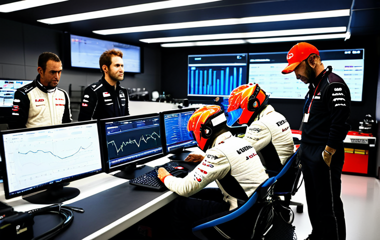 F1 Pit Crew Strategy**
"A Formula 1 pit crew huddled around monitors displaying telemetry data in a brightly lit garage. Engineers are intensely focused on the screens, discussing race strategy. Modern F1 car visible in the background. Professional setting, fully clothed team members, appropriate attire, safe for work, perfect anatomy, correct proportions, professional photography, high quality, family-friendly."
**