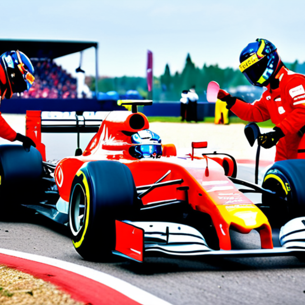 Pit Stop Strategy**
"A Formula 1 race team in a flurry of controlled activity during a pit stop, changing tires on a brightly colored F1 car. Fully clothed mechanics wearing helmets and fire suits work with precision. Background includes a blurred racetrack and cheering fans. Safe for work, appropriate content, professional motorsport photography, perfect anatomy, correct proportions, natural pose, professional, modest, family-friendly."
**