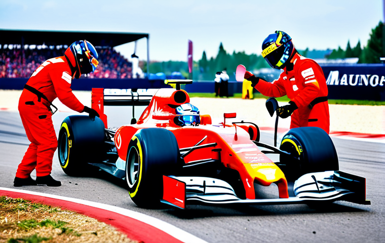 Pit Stop Strategy**
"A Formula 1 race team in a flurry of controlled activity during a pit stop, changing tires on a brightly colored F1 car. Fully clothed mechanics wearing helmets and fire suits work with precision. Background includes a blurred racetrack and cheering fans. Safe for work, appropriate content, professional motorsport photography, perfect anatomy, correct proportions, natural pose, professional, modest, family-friendly."
**