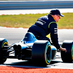 모터스포츠 사진 촬영 팁 - **
"A fully clothed professional motorsports photographer wearing a vest and hat, kneeling tracksid...