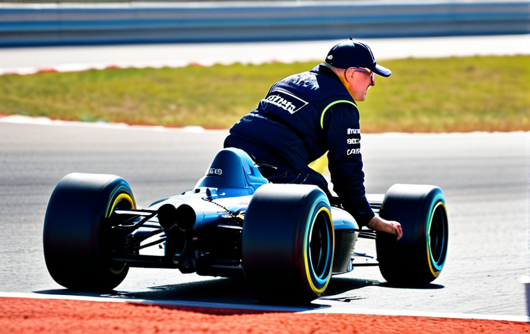 모터스포츠 사진 촬영 팁 - **
"A fully clothed professional motorsports photographer wearing a vest and hat, kneeling tracksid...