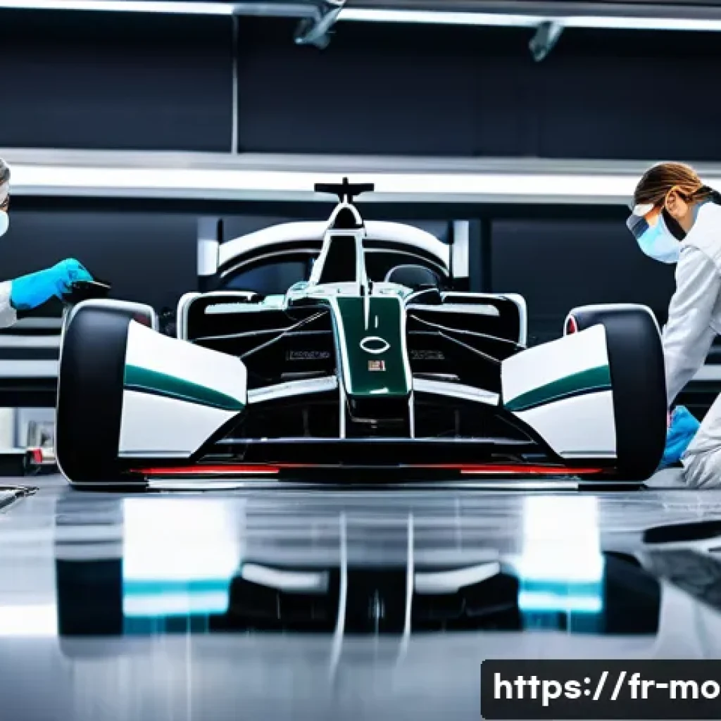 F1 레이싱 머신 페인트 공정 - A high-tech Formula 1 car chassis in a clean, sterile workshop environment, showing technicians wear...