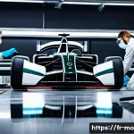 Home 17 F1 레이싱 머신 페인트 공정 - A high-tech Formula 1 car chassis in a clean, sterile workshop environment, showing technicians wear...