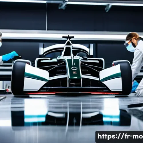 Home 29 F1 레이싱 머신 페인트 공정 - A high-tech Formula 1 car chassis in a clean, sterile workshop environment, showing technicians wear...