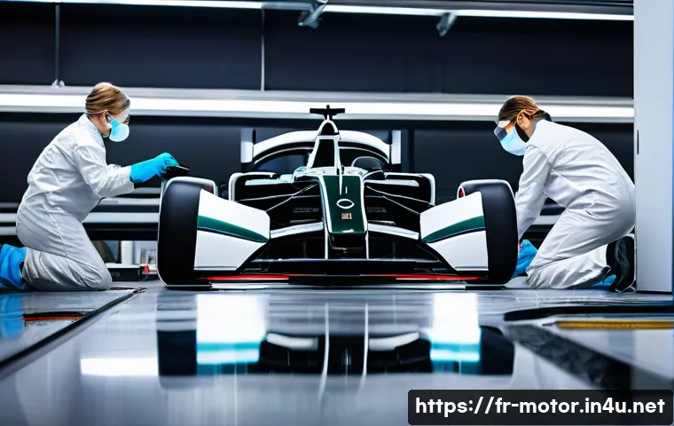 F1 레이싱 머신 페인트 공정 - A high-tech Formula 1 car chassis in a clean, sterile workshop environment, showing technicians wear...