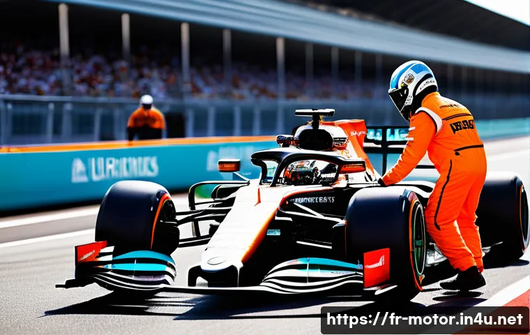 F1 속도 제한 규정 - A high-tech Formula 1 pit lane scene during a race, showing multiple mechanics and engineers in bran...