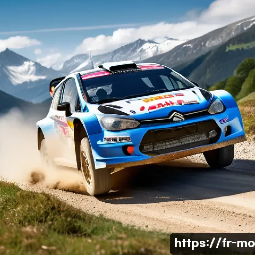 WRC와 F1 차이 - A dynamic rally car racing on a rugged mountain road covered with gravel and loose stones, kicking u...