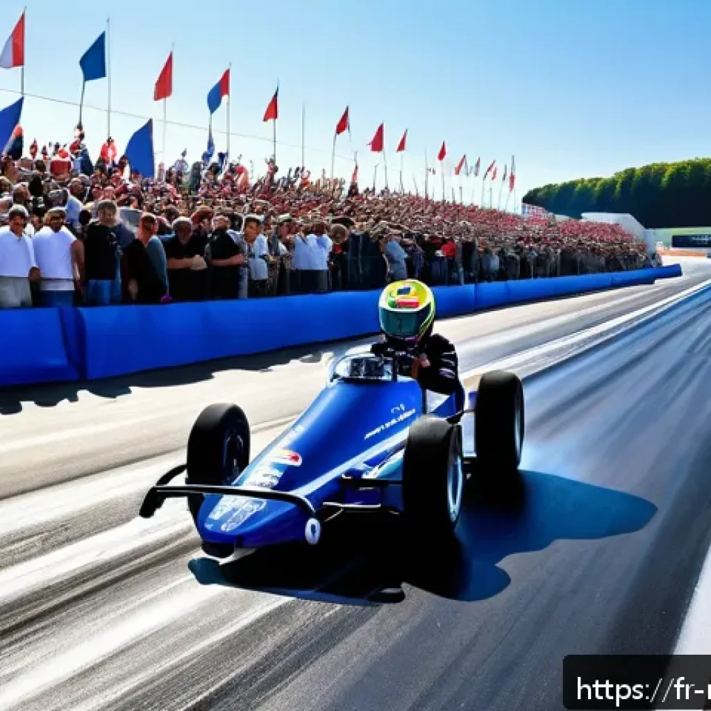 드래그 레이싱 역사 - A high-energy scene at the Montlh&eacute;ry drag racing circuit in France during a major competition, featu...