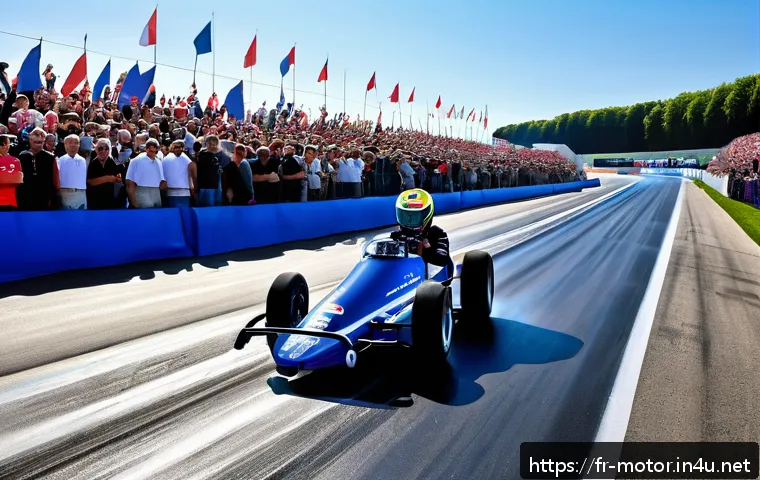 드래그 레이싱 역사 - A high-energy scene at the Montlhéry drag racing circuit in France during a major competition, featu...