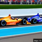 인디카 레이싱 스타 - A high-speed IndyCar race scene at the Indianapolis Motor Speedway, featuring sleek open-wheel cars ...