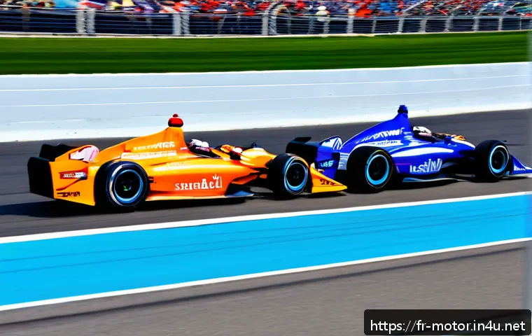 인디카 레이싱 스타 - A high-speed IndyCar race scene at the Indianapolis Motor Speedway, featuring sleek open-wheel cars ...