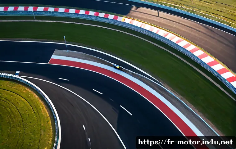F1 서킷 가이드 - Photorealistic aerial view of a modern Formula-style racing circuit in the French countryside, sweep...